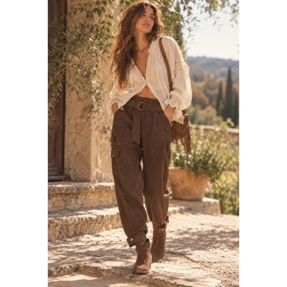 Lauren Ralph Lauren Brown Belted Cargo Tapered Pants Size 12 NEW